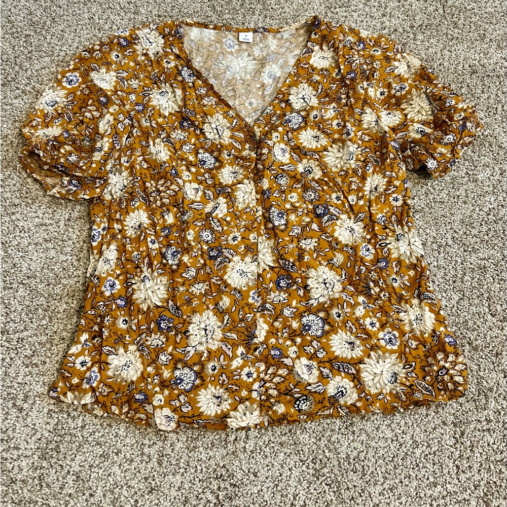 Old Navy Brown and Yellow Ruffled Short Sleeve Blouse
